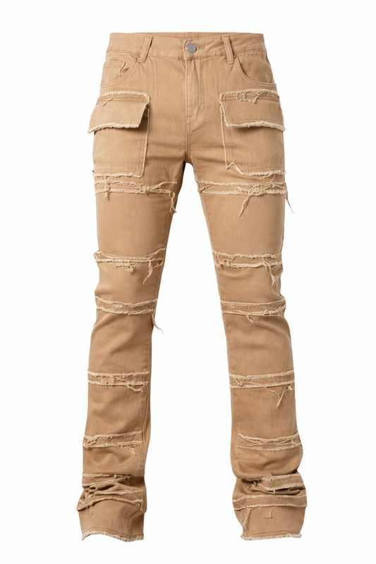 Shadow Denim Men’s Camel Distressed Stacked Cargo Jeans