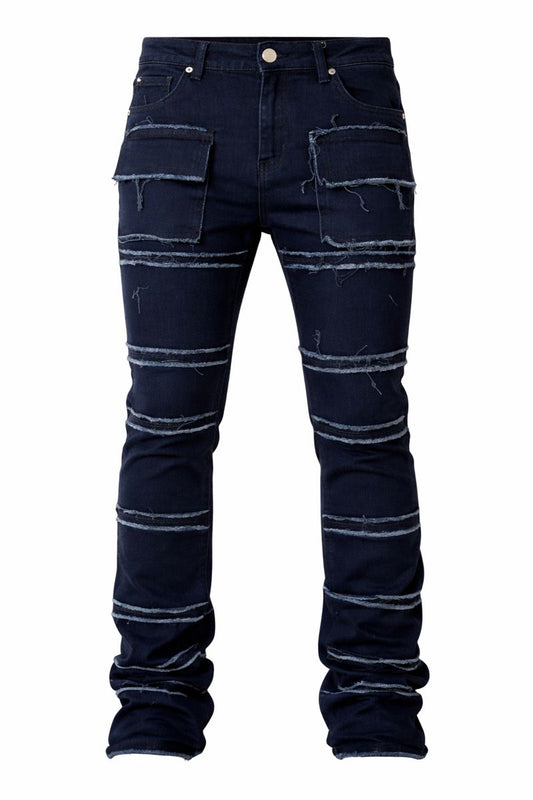 Shadow Denim Men’s Dark Indigo Distressed Stacked Cargo Jeans