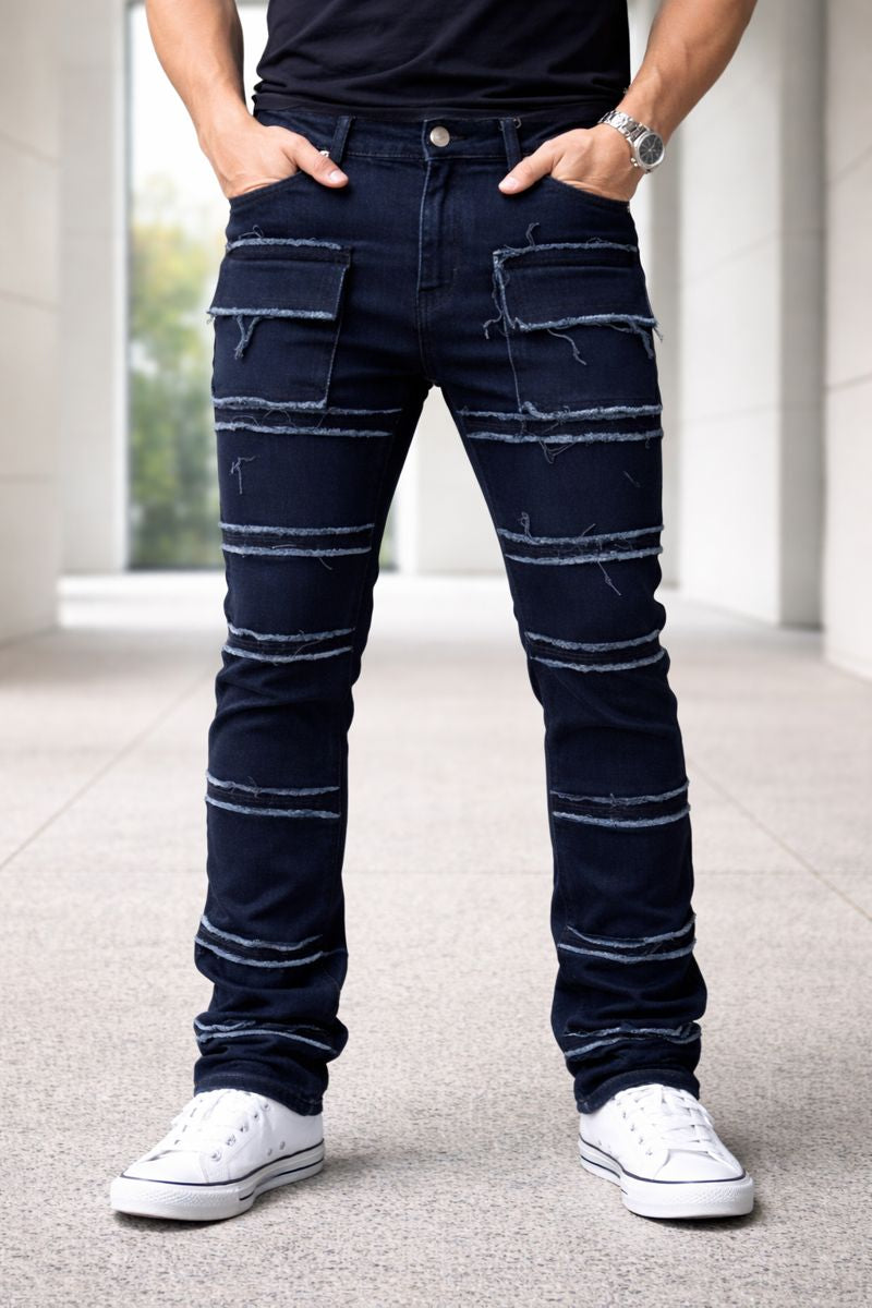 Shadow Denim Men’s Dark Indigo Distressed Stacked Cargo Jeans