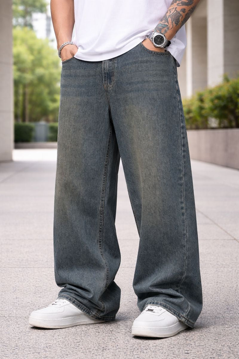 Shadow Denim Men’s Vintage Washed Gray Baggy Wide-Leg Jeans