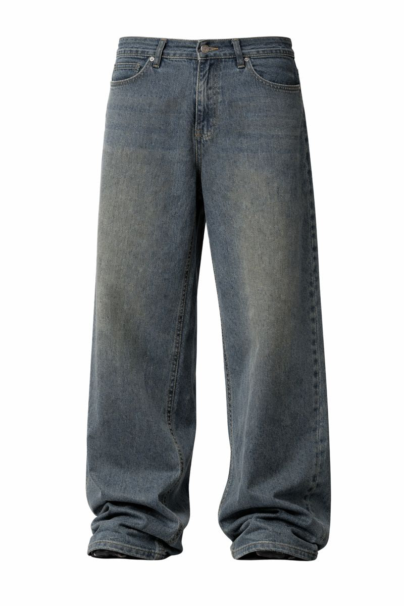 Shadow Denim Men’s Vintage Washed Gray Baggy Wide-Leg Jeans