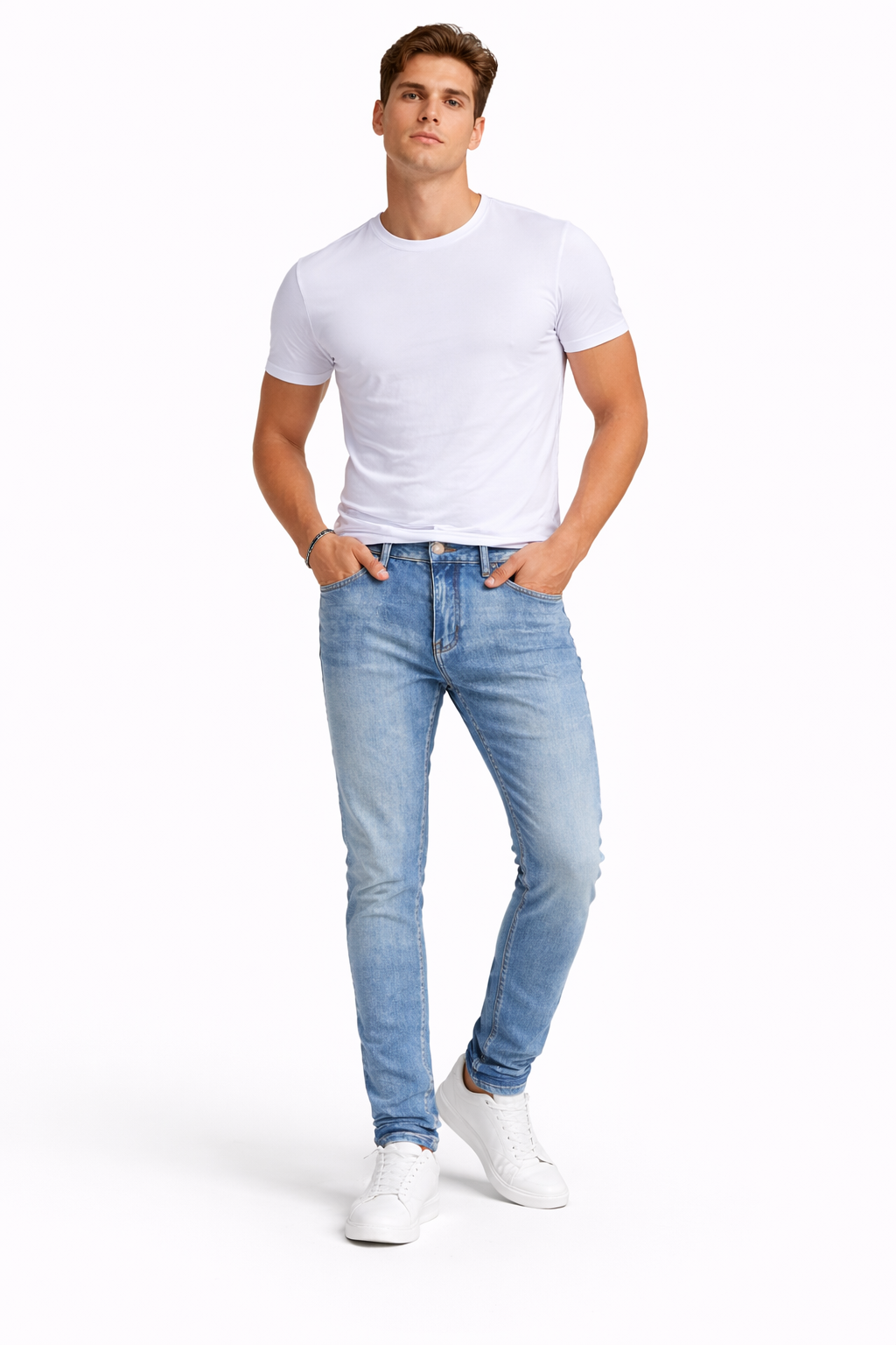Shadow Denim Men’s Light Blue Vintage Distressed Slim-Fit Stretch Jeans