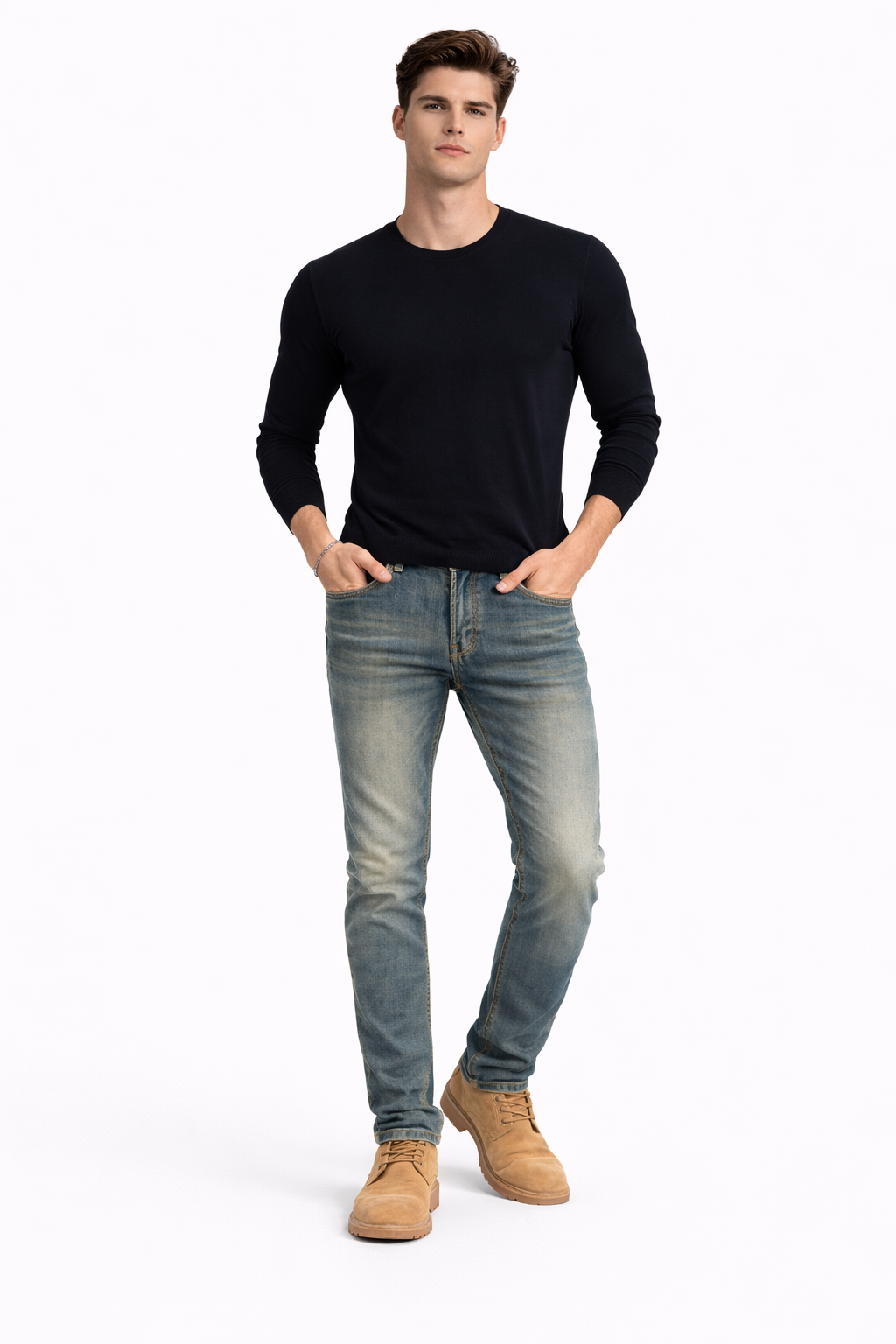 Shadow Denim Men’s Slate-Green Vintage Wash Slim-Fit Stretch Jeans