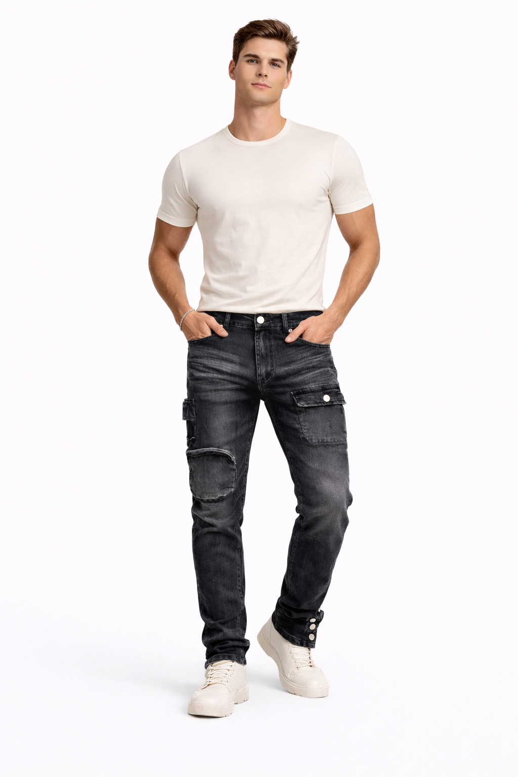 Shadow Denim Men’s Blackened Charcoal Distressed Utility-Slim-Fit Stretch Jeans
