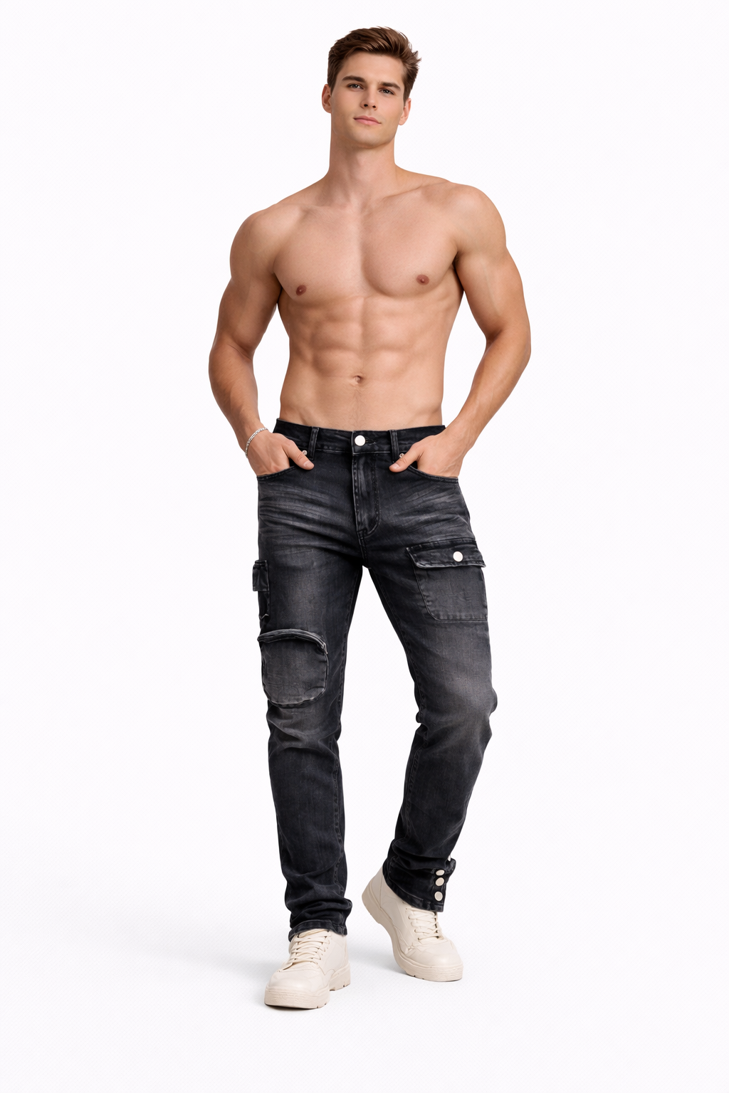 Shadow Denim Men’s Blackened Charcoal Distressed Utility-Slim-Fit Stretch Jeans