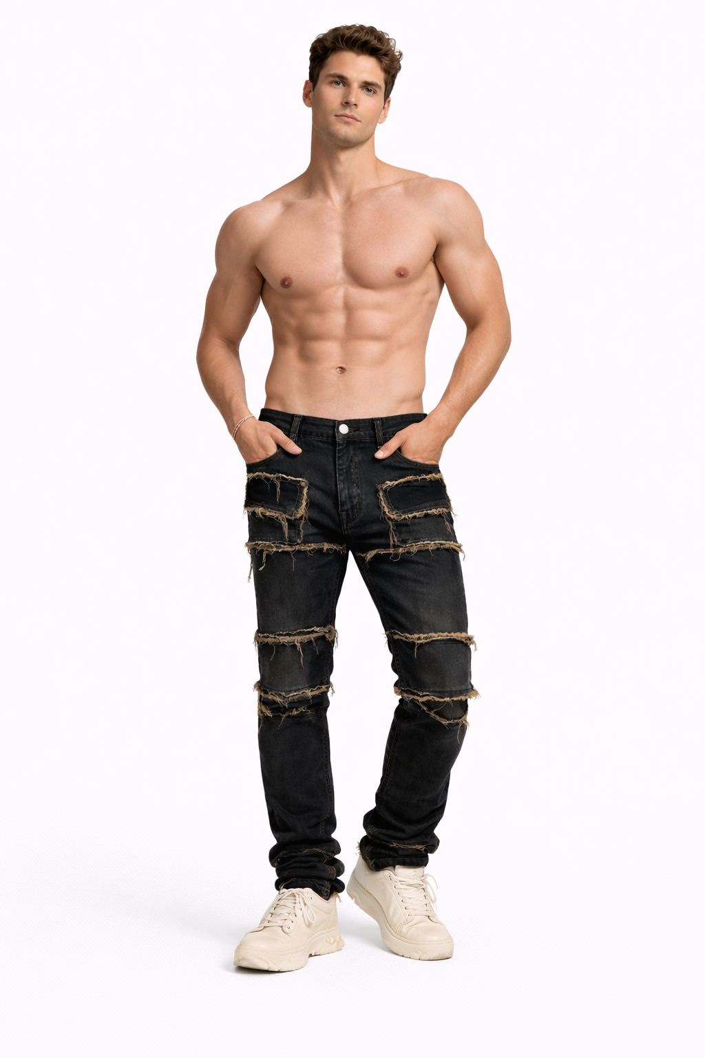 Shadow Denim Men’s Black Distressed Raw-Edge Stacked Flare Jeans