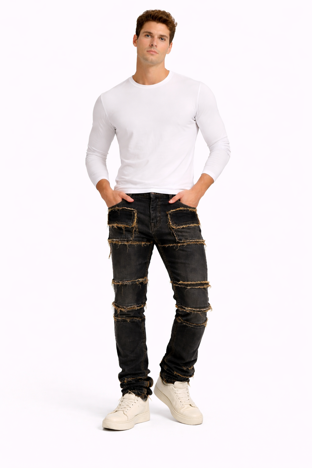Shadow Denim Men’s Black Distressed Raw-Edge Stacked Flare Jeans