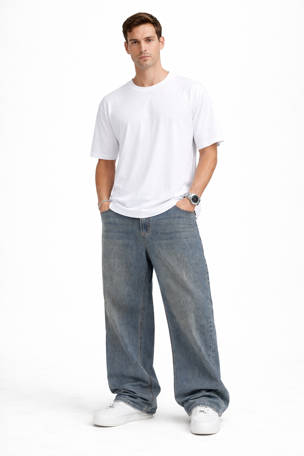 Shadow Denim Men’s Vintage Washed Gray Baggy Wide-Leg Jeans
