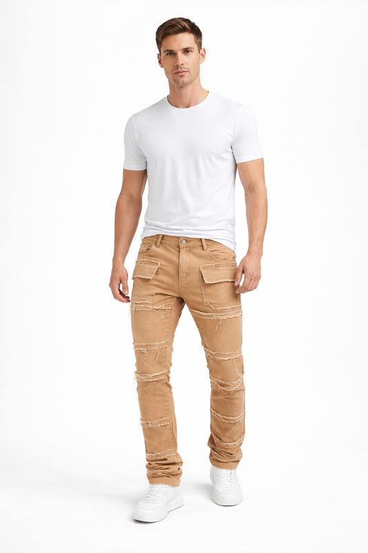 Shadow Denim Men’s Camel Distressed Stacked Cargo Jeans