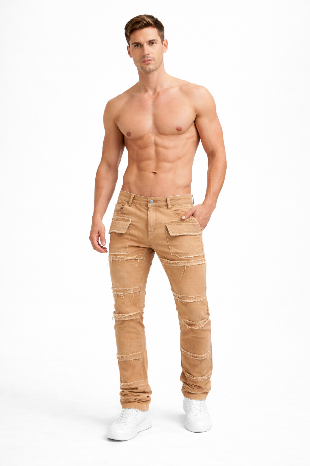 Shadow Denim Men’s Camel Distressed Stacked Cargo Jeans