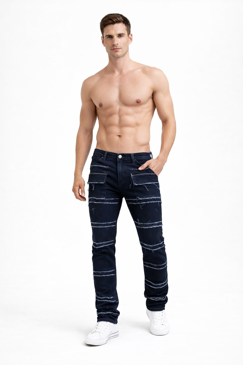 Shadow Denim Men’s Dark Indigo Distressed Stacked Cargo Jeans