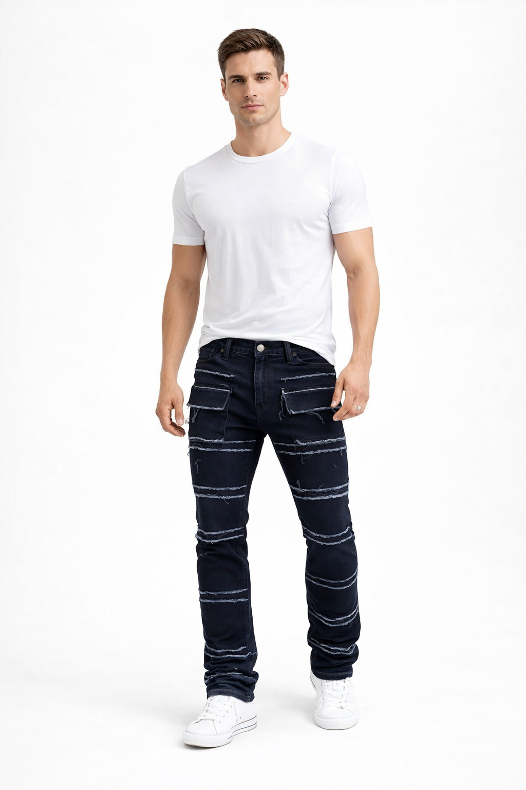 Shadow Denim Men’s Dark Indigo Distressed Stacked Cargo Jeans