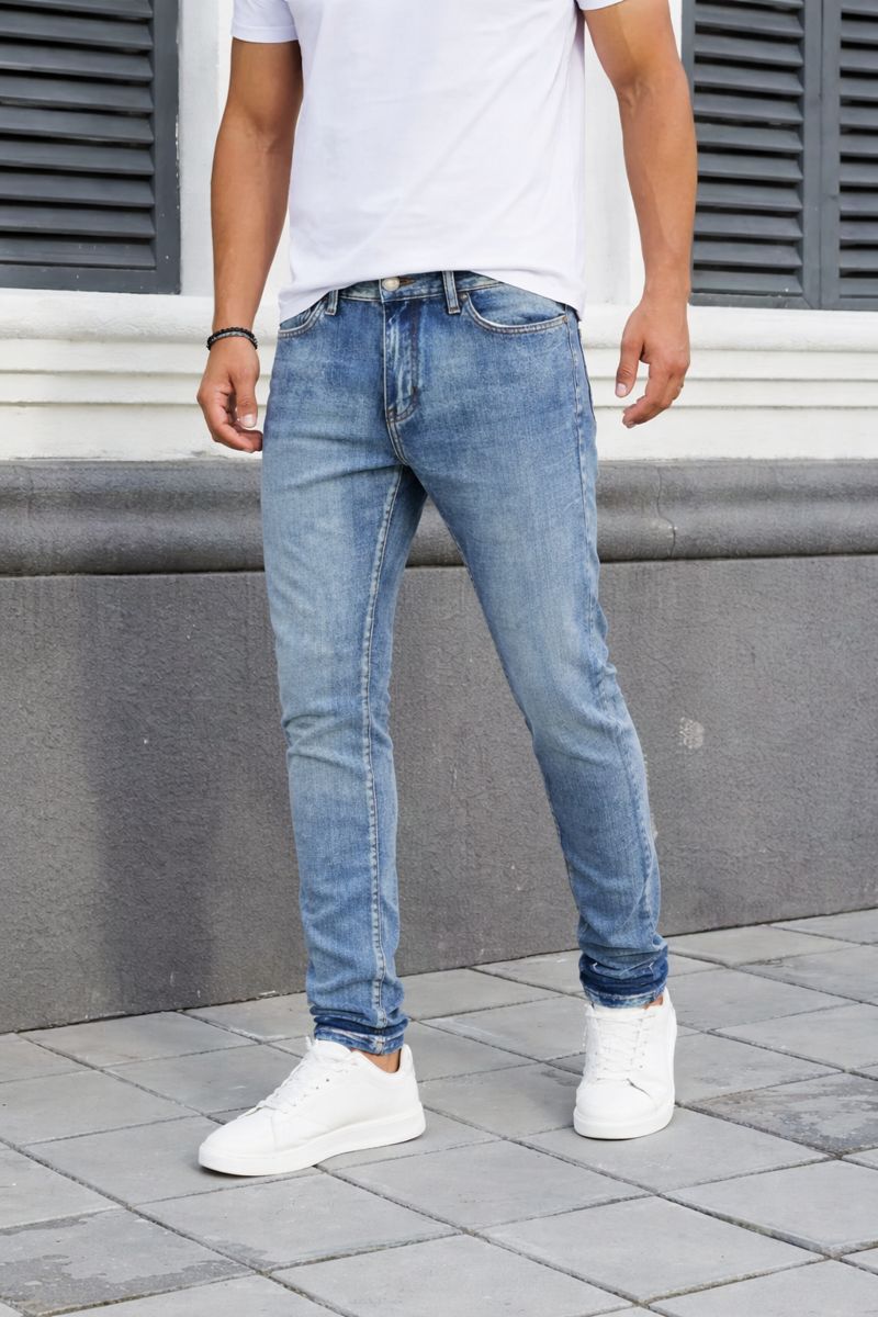 Shadow Denim Men’s Light Blue Vintage Distressed Slim-Fit Stretch Jeans