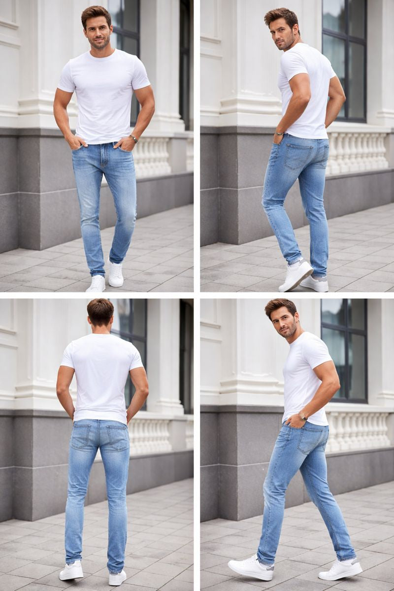 Shadow Denim Men’s Light Blue Vintage Distressed Slim-Fit Stretch Jeans