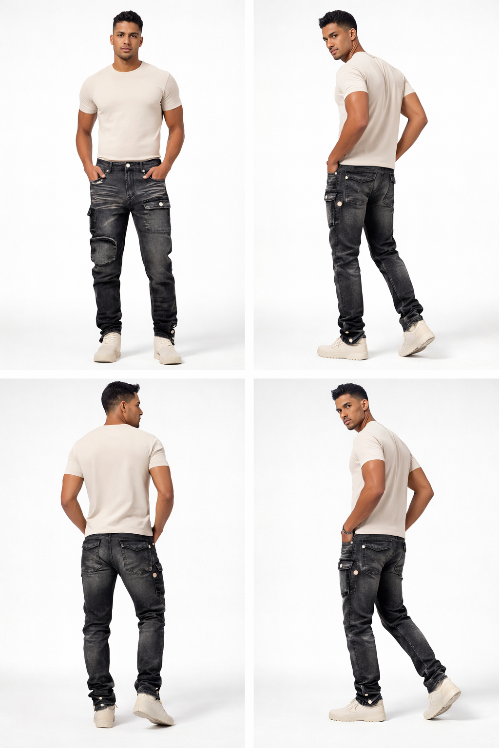 Shadow Denim Men’s Blackened Charcoal Distressed Utility-Slim-Fit Stretch Jeans