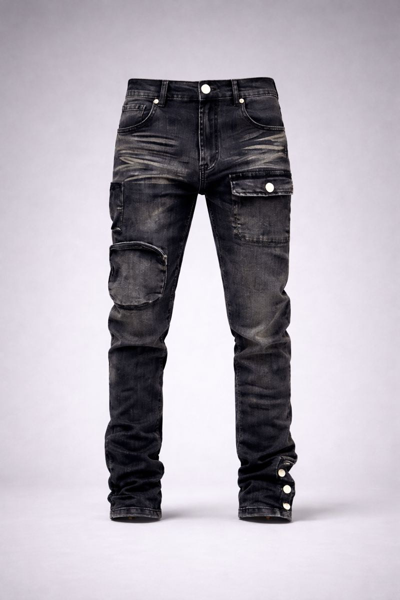 Shadow Denim Men’s Blackened Charcoal Distressed Utility-Slim-Fit Stretch Jeans