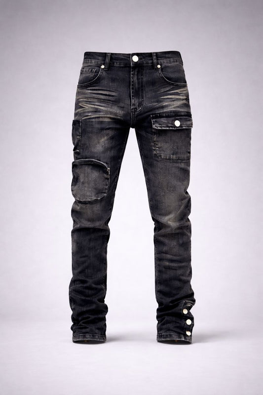 Shadow Denim Men’s Blackened Charcoal Distressed Utility-Slim-Fit Stretch Jeans