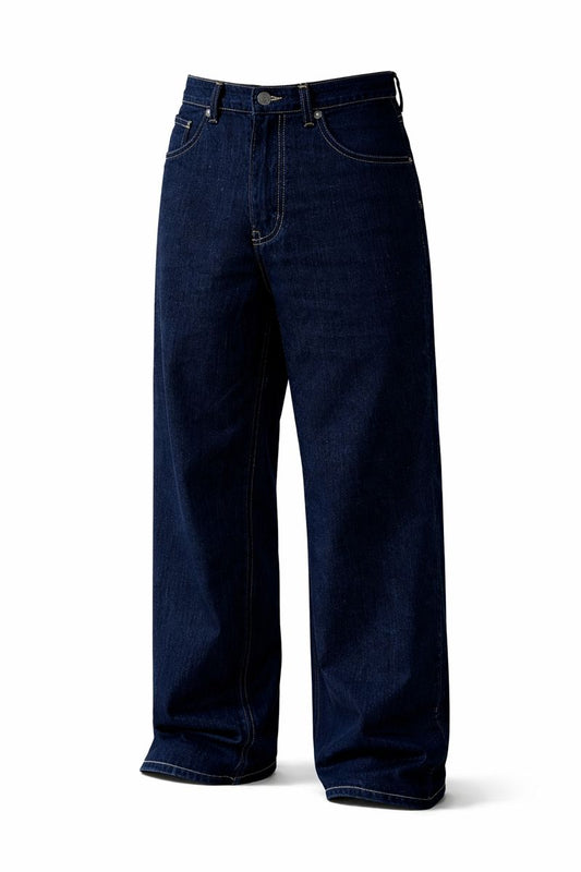 Shadow Denim Men’s Dark Indigo Oversized-Fit Raw-Hem Jeans