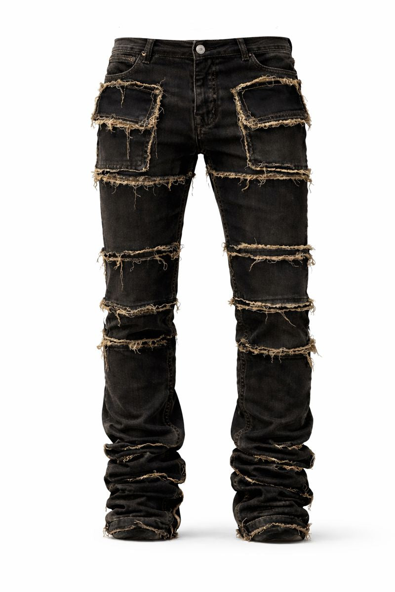 Shadow Denim Men’s Black Distressed Raw-Edge Stacked Flare Jeans