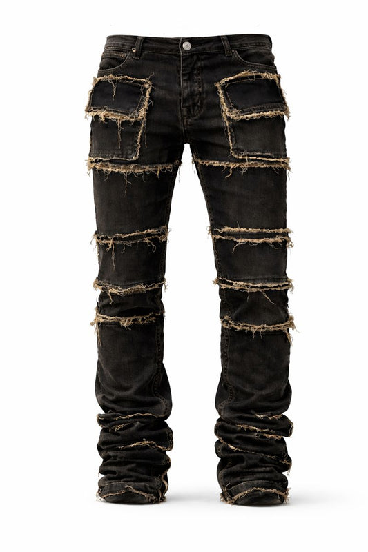 Shadow Denim Men’s Black Distressed Raw-Edge Stacked Flare Jeans