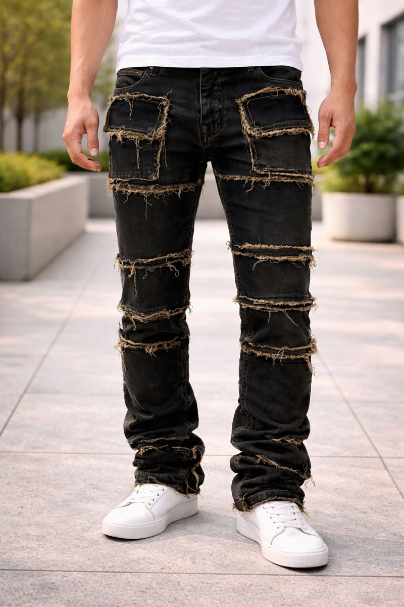 Shadow Denim Men’s Black Distressed Raw-Edge Stacked Flare Jeans