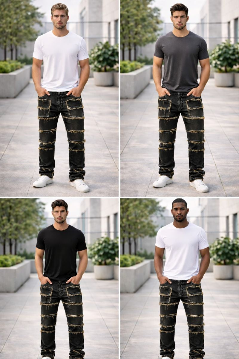 Shadow Denim Men’s Black Distressed Raw-Edge Stacked Flare Jeans
