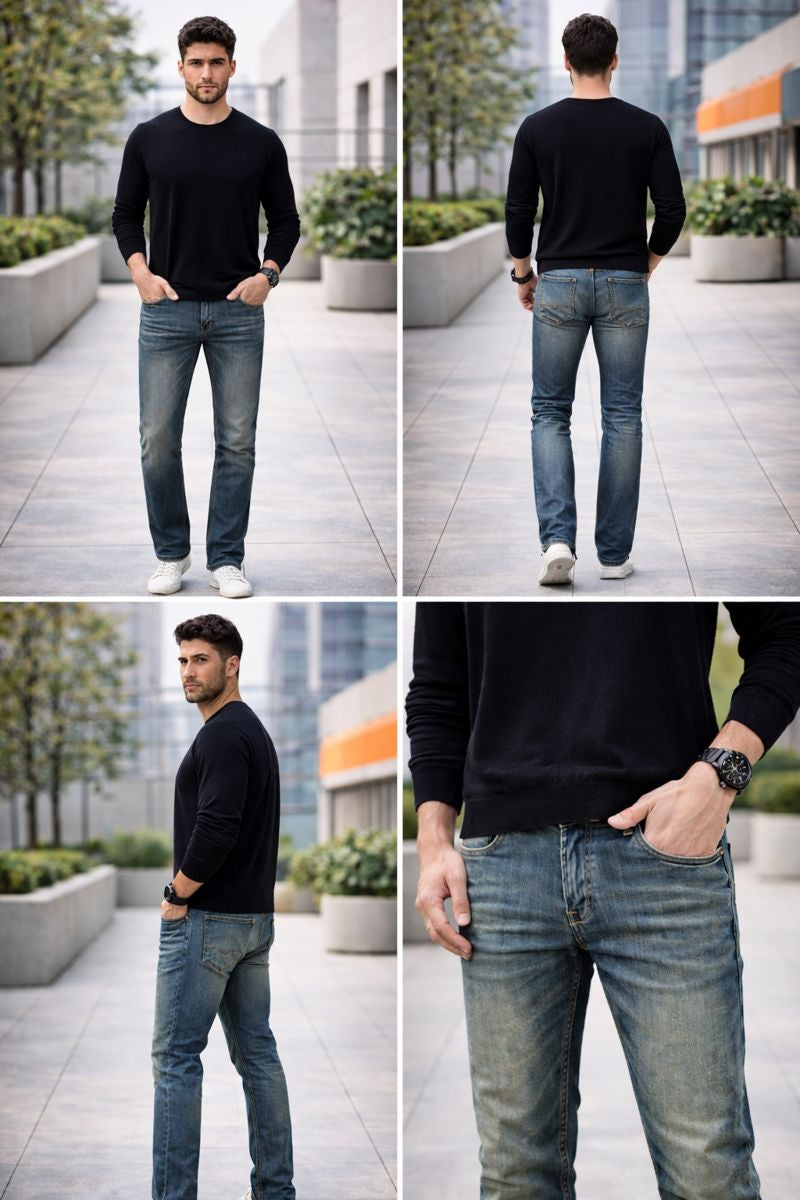 Shadow Denim Men’s Slate-Green Vintage Wash Slim-Fit Stretch Jeans