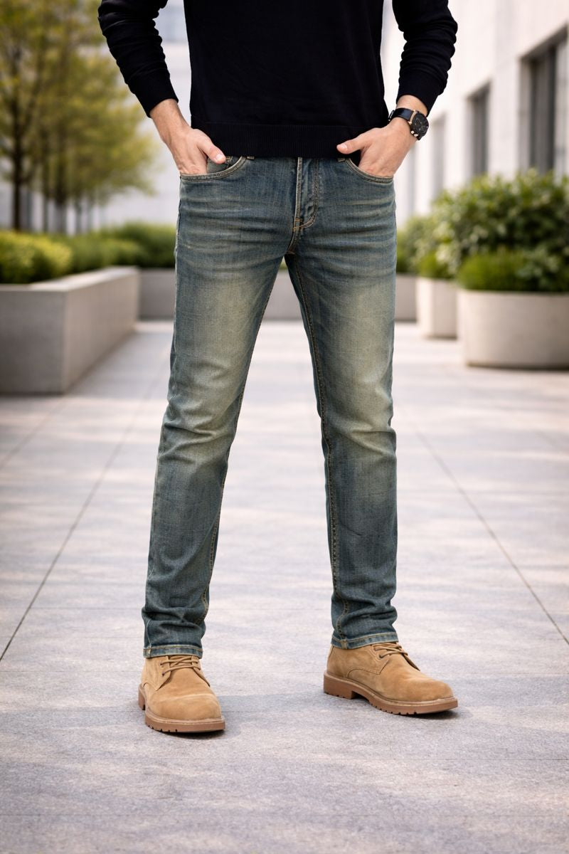 Shadow Denim Men’s Slate-Green Vintage Wash Slim-Fit Stretch Jeans