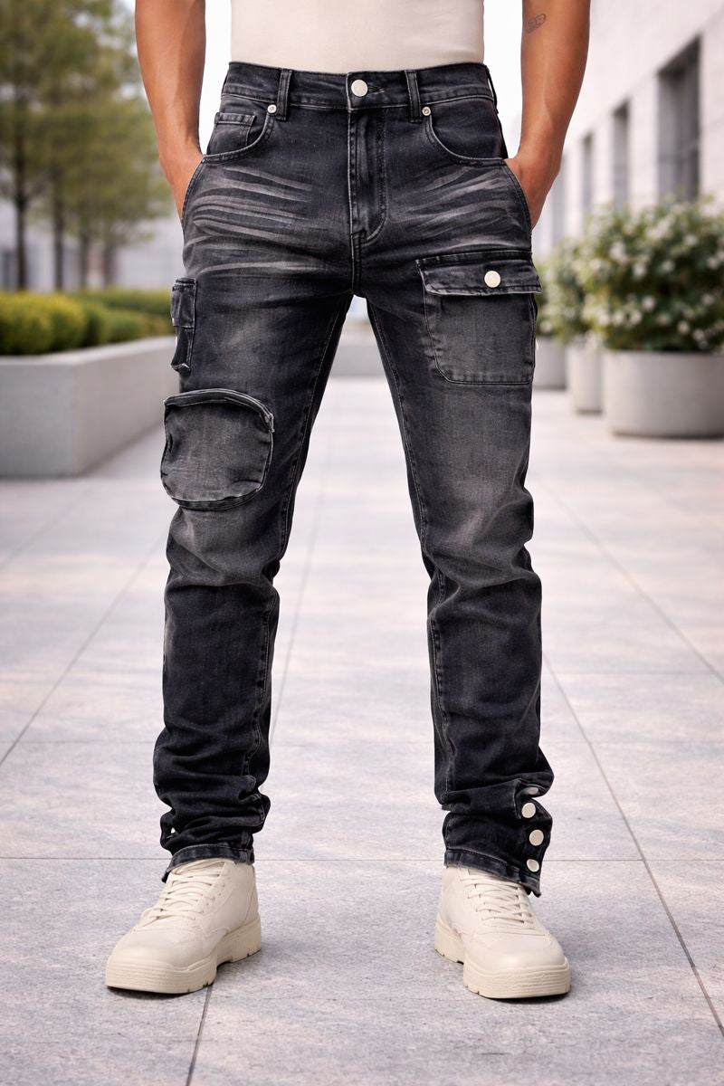 Shadow Denim Men’s Blackened Charcoal Distressed Utility-Slim-Fit Stretch Jeans