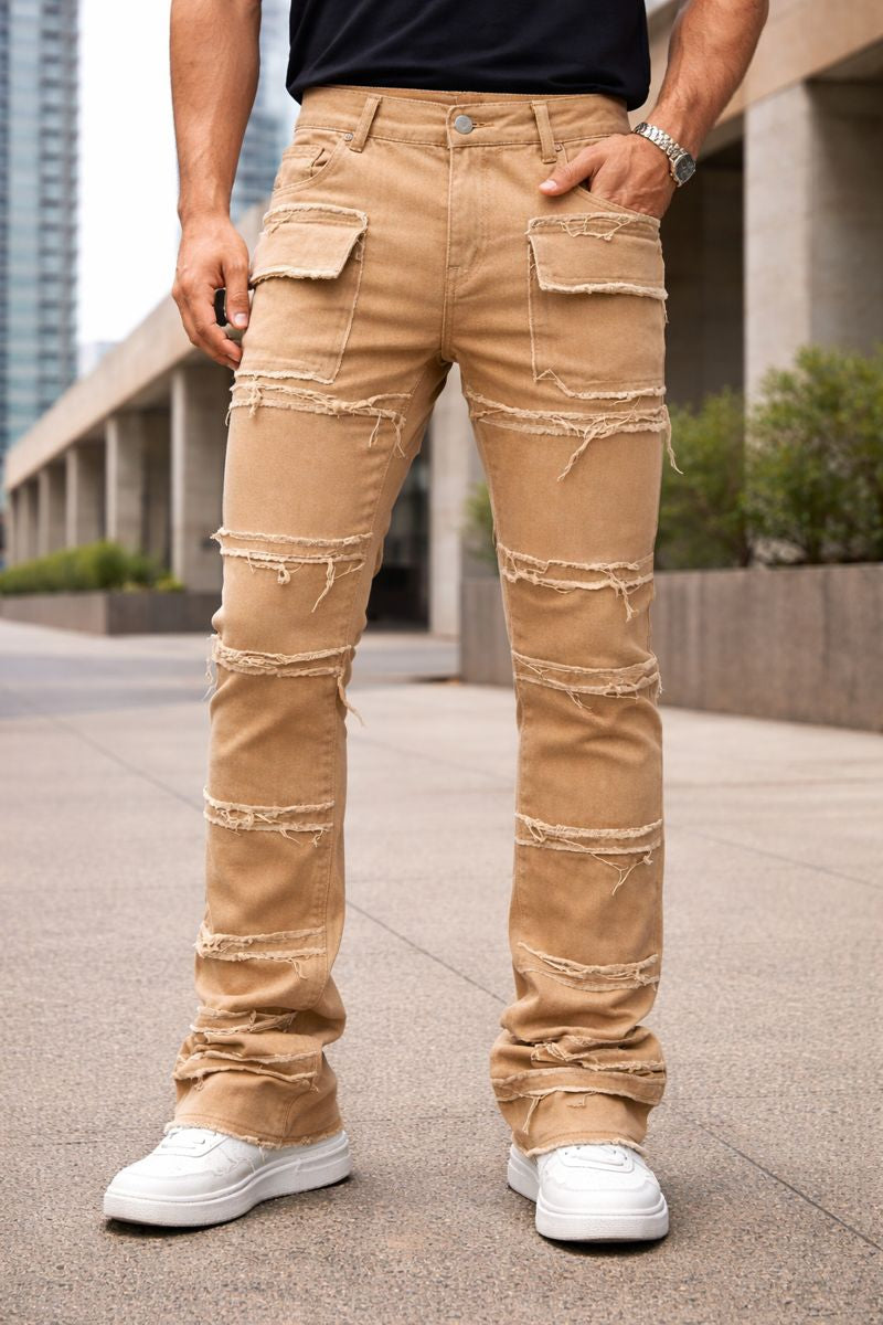 Shadow Denim Men’s Camel Distressed Stacked Cargo Jeans