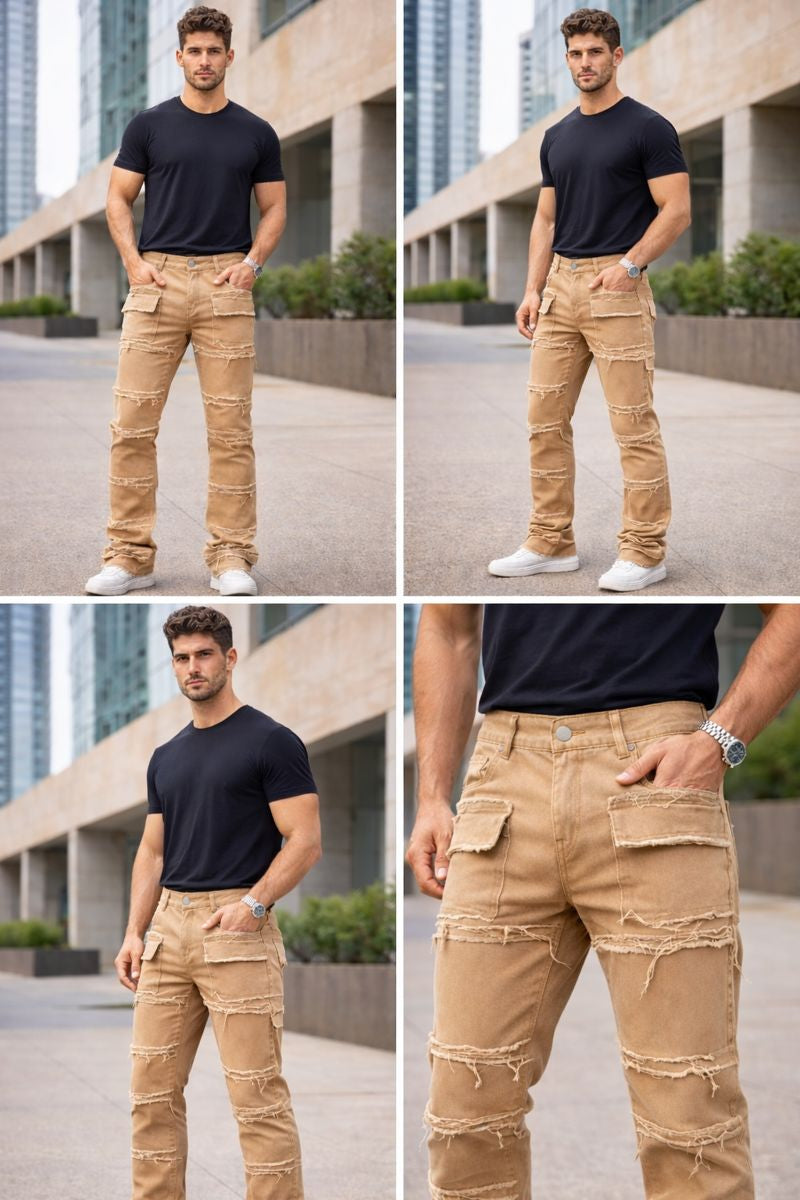 Shadow Denim Men’s Camel Distressed Stacked Cargo Jeans