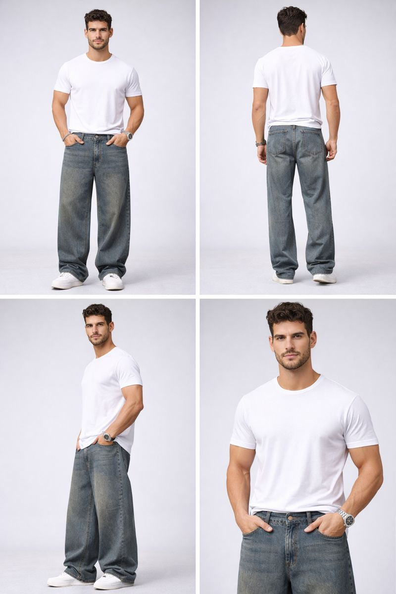 Shadow Denim Men’s Vintage Washed Gray Baggy Wide-Leg Jeans