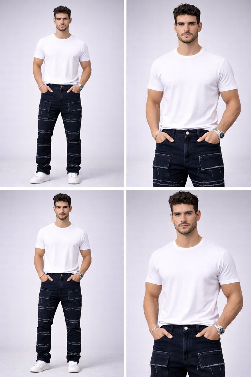 Shadow Denim Men’s Dark Indigo Distressed Stacked Cargo Jeans